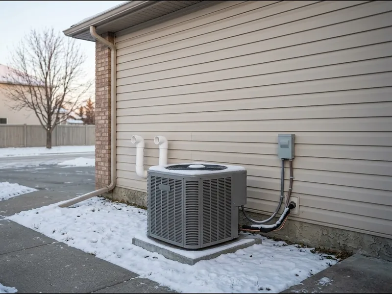 Central air conditioner condenser on a concrete pad beside a house with light snow