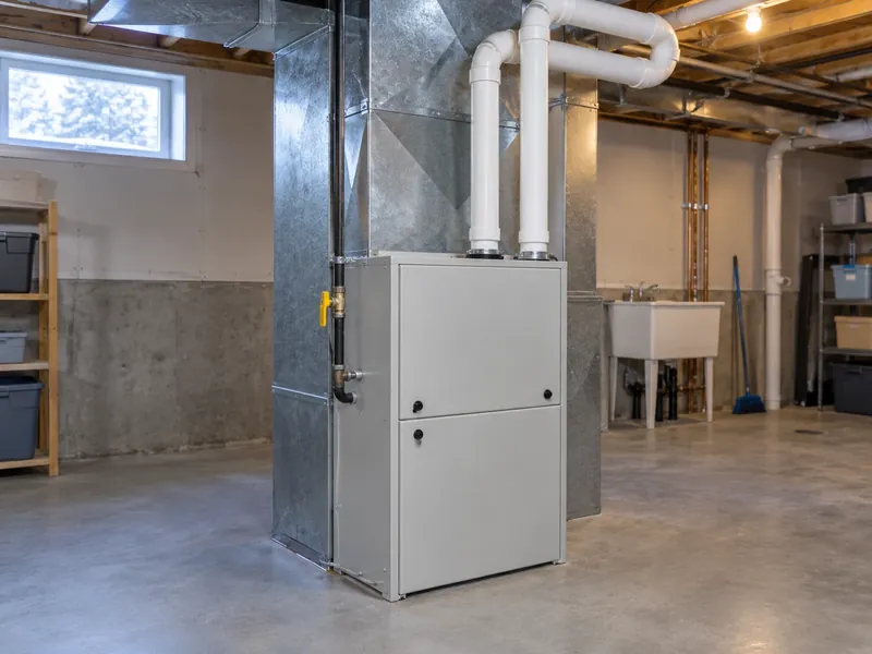 High-efficiency gas furnace with white PVC venting in a basement utility room