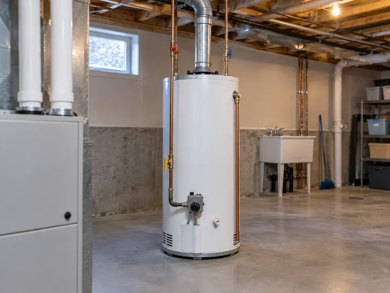 Gas hot water tank with venting and copper water lines in a basement