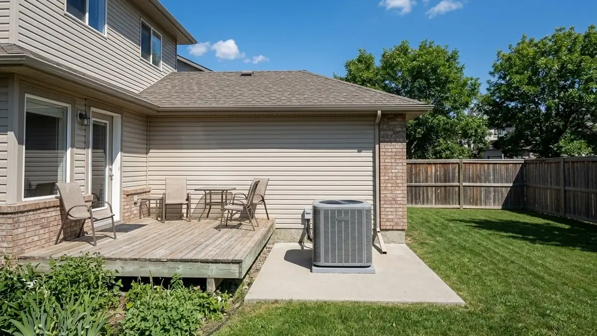 Central air conditioner condenser beside a Canadian house on a summer afternoon