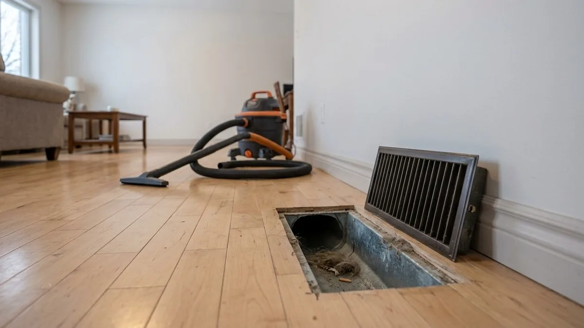 Floor heat register lifted out to show dust inside the duct