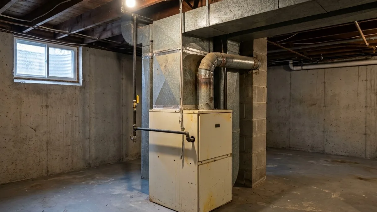 Older mid-efficiency gas furnace with a metal flue pipe in an unfinished basement