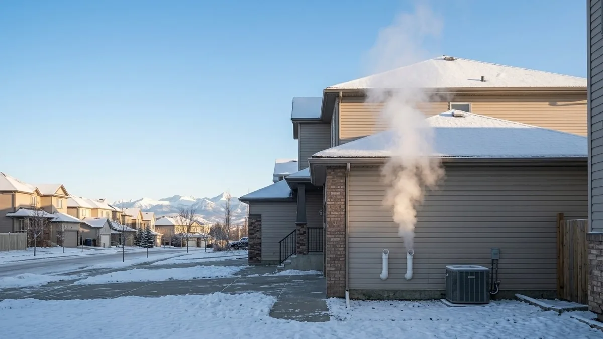 Steam rising from a high-efficiency furnace vent on a cold Calgary morning