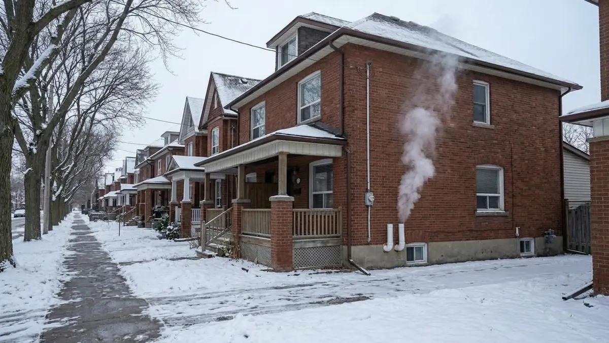 Steam rising from a furnace vent on the side of a red-brick house on a snowy Toronto street