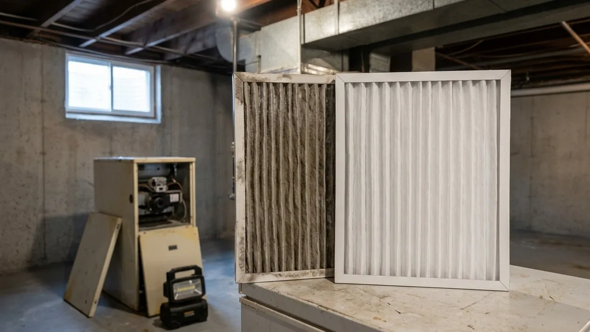 Dirty furnace filter next to a clean new one during a furnace tune-up