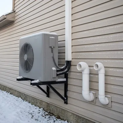 Cold-climate heat pump on a wall bracket next to gas furnace vent pipes