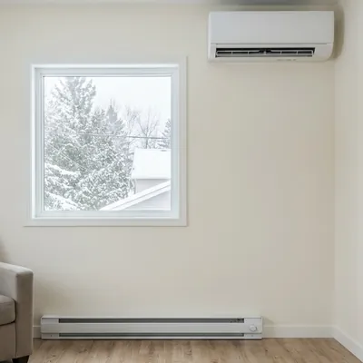 Electric baseboard heater under a window with a ductless heat pump unit above
