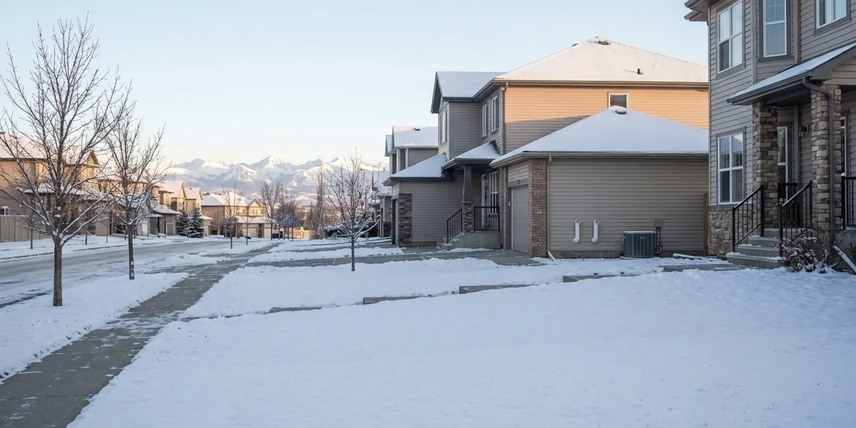 Suburban Calgary street in early winter with the Rocky Mountains on the horizon
