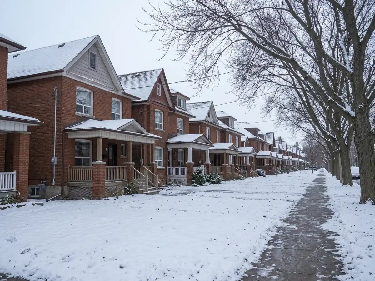 Row of red-brick houses on a tree-lined Toronto street in early winter